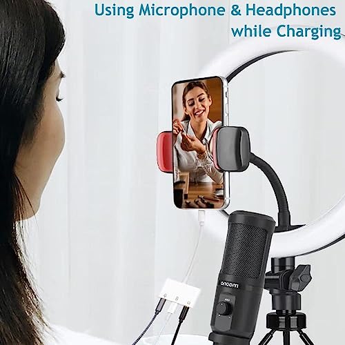 iPhone Microphone Adapter for Live-Streaming, Microphone & 3.5mm Headphone Adapter for iPhone/iPad, Audio & MIC Splitter with Charging Port Compatible for iPhone 14 13 12 11 X