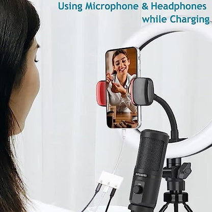 iPhone Microphone Adapter for Live-Streaming, Microphone & 3.5mm Headphone Adapter for iPhone/iPad, Audio & MIC Splitter with Charging Port Compatible for iPhone 14 13 12 11 X
