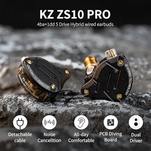 KZ ZS10 Pro Gaming Earbuds, 4BA 1DD Gaming Wired Earbuds with Mic, IEM Headphone Multi Driver HiFi Monitor Headphones, KZ in Ear Earphoner with 2PIN IEM Cable, All in One Button (Black with Mic) - color: Black, size: With Microphone
