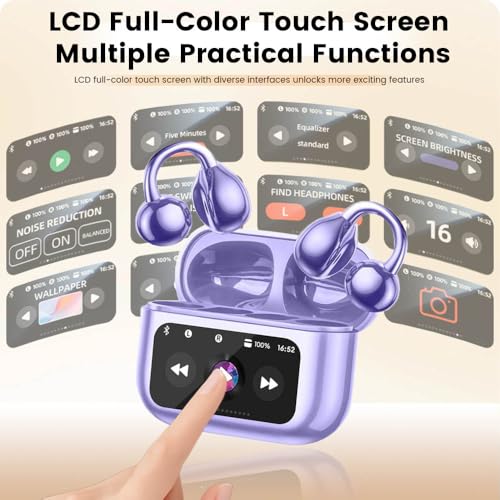 Clip On Ear Headphones, Open Ear Earbuds Wireless Bluetooth 5.4, Clip On Earbuds with LCD Touchscreen, Lightweight Comfort Open Ear Headphones for Pad Tablet Laptop Android/iOS Phones (Purple) - color: Purple