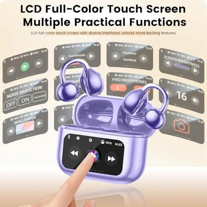 Clip On Ear Headphones, Open Ear Earbuds Wireless Bluetooth 5.4, Clip On Earbuds with LCD Touchscreen, Lightweight Comfort Open Ear Headphones for Pad Tablet Laptop Android/iOS Phones (Purple) - color: Purple