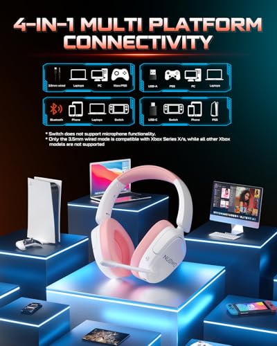 NUBWO Wireless Gaming Headset for PS5, PC, PS4 - Dual 2.4G & Bluetooth Simultaneous Gaming Headphones, EQ Sound Modes, Noise-Canceling Mic, 80-Hour Battery, Comfortable Foldable & Travel Design - color: Pink