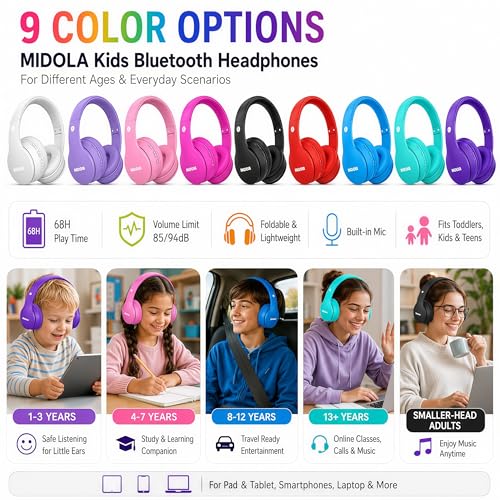 Kids Bluetooth Headphones Wireless 68 Hours,Safe Volume Limit 85/94dB | Adjustable Headband Foldable Over-Ear Lightweight Headsets for Toddler Girls Boys Tablet/iPad,HD Stereo,Built-in Mic,H-Pink - color: Rose Pink