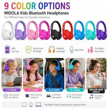 Kids Bluetooth Headphones Wireless 68 Hours,Safe Volume Limit 85/94dB | Adjustable Headband Foldable Over-Ear Lightweight Headsets for Toddler Girls Boys Tablet/iPad,HD Stereo,Built-in Mic,H-Pink - color: Rose Pink