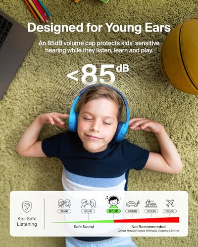 Belkin SoundForm Mini Bluetooth Kids Headphones with Case, 30H Battery Life | Toddler headphones with Case, 85dB Volume Limit, Built-in Mic, Wired Connection Option, iPad, Android Tablet, School, Travel - color: Blue, style: Wireless (USB-C) + Case