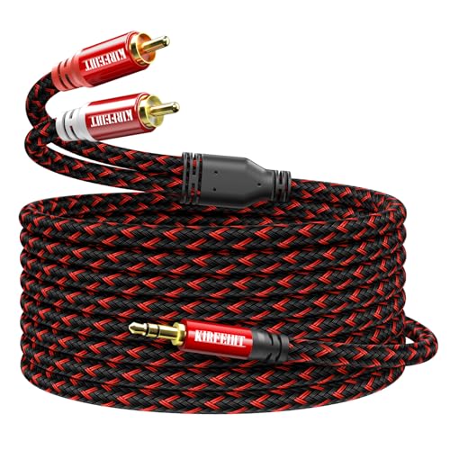 KIRFEIHT RCA to 3.5mm Audio Cable - 25FT AUX OFC Core Cord RCA Cables with Nylon Braided 1/8 Gold-Plated Connectors for Smartphones, Tablets, Speakers, HDTV, Amplifiers - Red & Black - size: 25FT, style: 2RCA TO 3.5MM