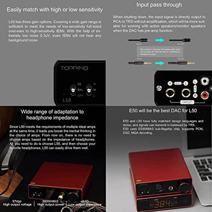 Topping L50 NFCA Headphone Amplifier, 3500mW x 3500mW HiFi SE/BAL Input Desktop Home Audio Amp 6.35mm 4 Pin XLR Iems Output Gain Switch 2 Channel Preamplifier (Silver)