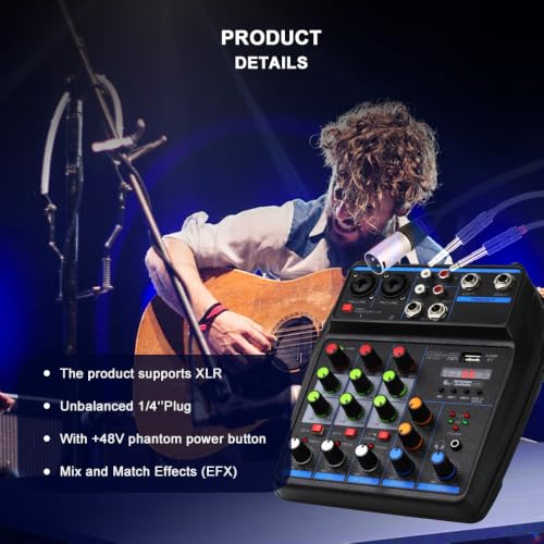 DJ Audio Mixer, DJ Mixers 4 Channel Sound Board with Bluetooth, Sound Mixer Board XRL/1/4" Interface, USB/MP3 Computer Input 48V Phantom Power Stereo DJ Studio Streaming KTV Stage