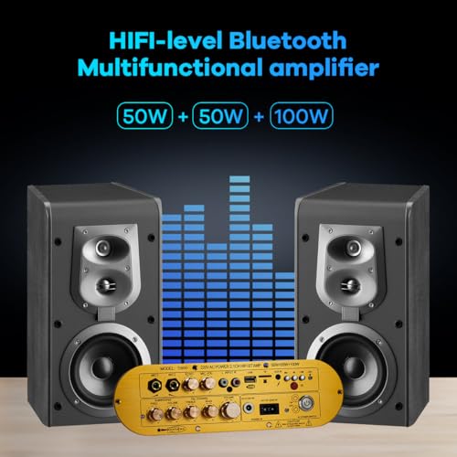 D900 2.1 Channel Bluetooth Receiver Amplifier 50W×2 + 100W Subwoofer, Hi-Res Audio Class D Amp with USB/AUX/USB Input, Bass Treble Control for Home Theater DIY Speakers