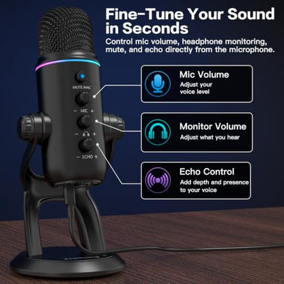 ZealSound Podcast Microphone, Noise Cancellation USB Mic with Gain, Volume & Mute Control, Zero-Latency Monitoring, Echo & RGB Lighting, for YouTube TikTok Podcasting Gaming PC iPhone iPad Android Mac