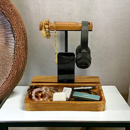 Dual Headphone Stand, Acacia Wood Holder for 2 Headsets, Phone & Tablet | Solid 1.5 in thick acacia wood dual headphone holder & device slot stand with tray for phone & tablet, office desk organizer - style: Dual Headphone Stand