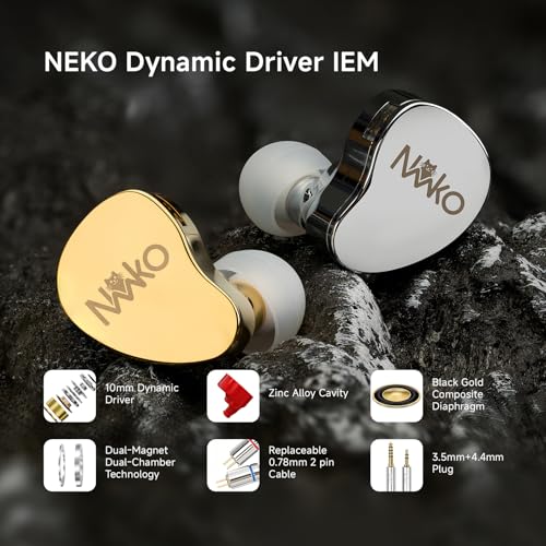 CVJ Neko IEM Wired Gaming Earbuds, 10mm Dynamic Driver HiFi in-Ear Monitors with 3.5 & 4.4mm Plugs, Deep Bass Headphones with Detachable Silver-Plated Cable for Audiophiles, Singers, Musicians - Red - color: Red