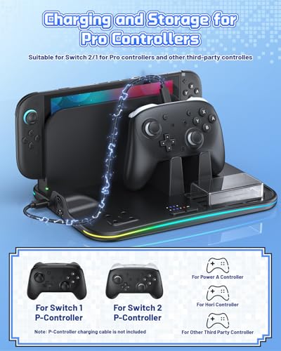 FASTSNAIL Charging Dock & Orgainzer Station & Fan for Nintendo Switch 2/1 | Charger Stand for Joycon 2/1, Storage for 4 Joypads, Pro Controller, 12 Card Slots, Headset Holder & NS2 Dock, 9 RGB Modes