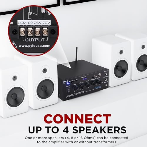 Pyle Compact Mini Home Power Amplifier - 40W Smart Small Audio Stereo Receiver w/ AUX 2 Microphone IN COM/8-Ohm/25V/70V Speakers LED Input Selector For PA Amplified Speaker Sound System - PCM20A - size: 40 Watts