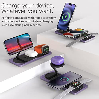 Mag-Safe Charger Stand, 3-in-1 Magnetic Wireless Charging Station for Apple Devices, iPhone 15/14/13/12 Series, Apple Watch, AirPods Pro (Purple) | For iPhone 17/Air/16/15/14/13/12, AirPods & Apple Watch, Foldable Portable Aluminum Charging Stand, Adapter