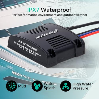 Audiopipe Marine 무선 음악 스트림 오디오 수신기 (AP-BTM-1200), Blutooth 5.0 어댑터, RCA 스테레오 출력, 해양, ATV, UTV, 골프 자동차, 홈 뮤직에 적합