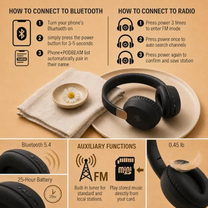 PDBEAM Wireless Foldable Bluetooth Over Ear Headphones with Mic, Micro SD Card Playback, 25H Playtime, 120H Standby, FM Radio, Lightweight for Travel, Work, Gym or Yoga - color: Black