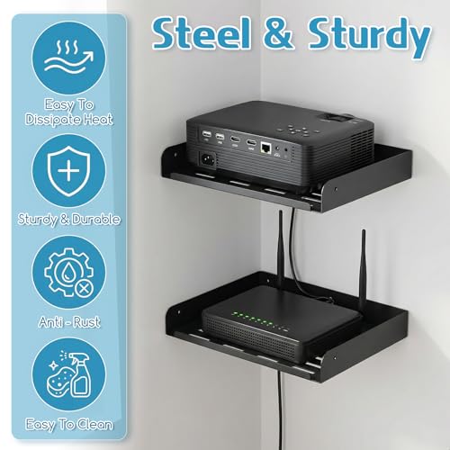 2 Pcs Metal Floating Shelf 12" x 8" Heavy Duty Wall Mounted Shelf | Metal Floating Shelf Deep Display Shelf for TV Components Router Game Console DVD Player Cable Box with Cable Management