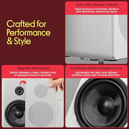 Pyle 6.5” Bookshelf Speakers - Pair of Wired Bookshelf Speakers with Wall Mount Brackets, 2-Way HiFi Home Theater with Fiberglass Cone, Soft Dome Tweeter, Compact Design, 11.7” x 7” x 6.5”, White - color: White