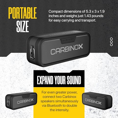 CARBINOX Portable Bluetooth Speaker with IPX7 Waterproof, Type-C Fast Charging, 3D Surround Sound, 18m Range, Black