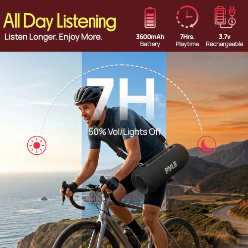Pyle Portable Bluetooth Speaker - RGB LED, IPX5 Waterproof, TWS Stereo Pairing, USB/AUX/FM, Built-in Mic, USB-C Charging, 7H Battery, Shoulder Strap - Party, Outdoor, Travel, Home - PBTPSP25BK