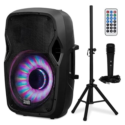 Acoustic Audio by Goldwood 1000W Bluetooth PA Speaker with LED, Mic & Stand | Large Plug-In Powered PA System with Remote & Flashing LED Party Lights for Karaoke, DJ or Tailgate Party