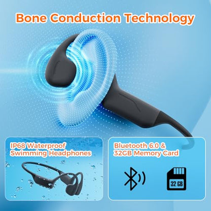 Full-Coverage Liquid Silicone Swimming Headphones,IP68 Waterproof Underwater Headphones, Bluetooth 6.0&MP3 with 32GB Memory Card,Soft/Skin-Comfortable Open Ear Bone Conduction Swim Earbuds