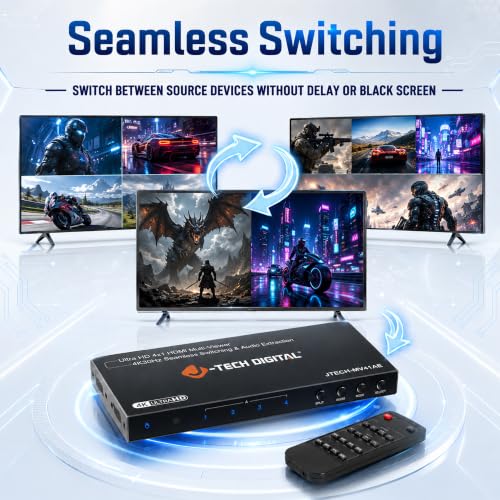 J-Tech Digital 4K HDMI Multiviewer Switch 4 in 1 Out, 4x1 4K 30Hz HDMI Quad Multiviewer Seamless Switcher with PiP, 6 Viewing Modes, Audio Extraction via Optical 3.5mm (JTECH-MV41AE)