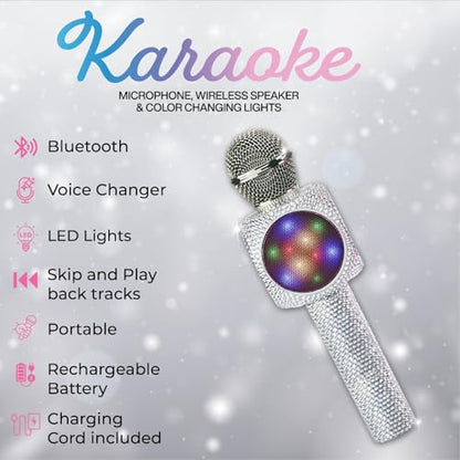 Sing-Along Bling Bluetooth Karaoke Microphone with LED for Karaoke Speaker | Rechargeable Bedazzled Microphone, Wireless Karaoke Microphone with LED Lights, SD Card Slot, Skip Tracks - Confetti Bling - color: Silver Bling