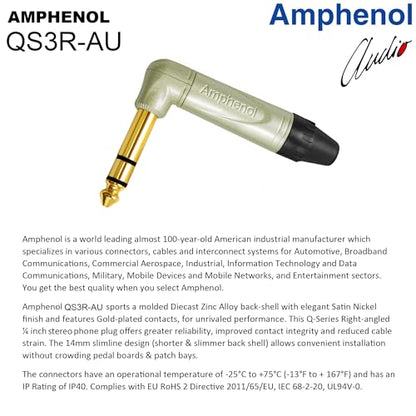2 Units - 1 Foot - WBC-PRO-Quad Ultra-Silent Ultra-Flexible Balanced Star-Quad Cable with Amphenol QS3R-AU ¼ Inch (6.35mm) Gold Right-Angled TRS Stereo Phone Plugs & Black Tweed Jacket - size: 1 FT, style: 2 Cables