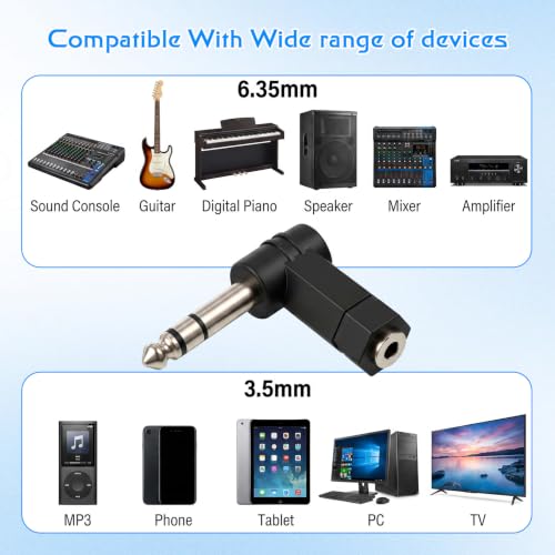 1/4 Inch TRS to 3.5mm Right Angle Adapter, 2 Pack | 6.5mm Angle Male to 3.5mm Female Audio Adapter 90 Degree TRS Stereo Jack Plug Connector