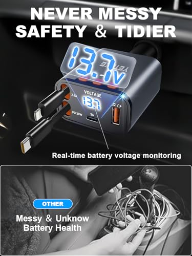 Bluetooth Car Adapter with Retractable Charger,[Upgrade] Bluetooth 5.4 FM Transmitter for Cars, 4 in 1 Fast Car Charger 69W, Handsfree Call, 2*Retractable Cable for iPhone 17/16/15/14, Galaxy-Gray - color: Gray