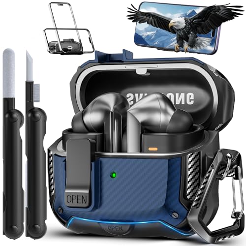 Safety Lock Case for Samsung Galaxy Buds3 FE/3/3 Pro (Blue) | with Phone Stand,with Secure Lock Clip & Cleaning kit Full Body Shockproof Carbon Fiber Protection Design - color: C-blue