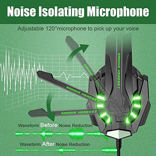 BENGOO G9000 Stereo Gaming Headset for PS4 PC Xbox One PS5 Controller, Noise Cancelling Over Ear Headphones with Mic, LED Light, Bass Surround, Soft Memory Earmuffs for Laptop Mac - Green - color: Green