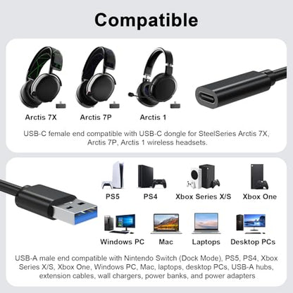Zosvoses USB-C to USB-A Adapter Cable Compatible with SteelSeries Arctis 7X, Arctis 7P, Arctis 1 Wireless Gaming Headset Audio Transmitter Adapter, 4.9ft