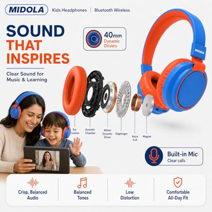 Kids Bluetooth Headphones Wireless 68 Hours,Safe Volume Limit 85/94dB Blue | Adjustable Headband Foldable Over-Ear Lightweight Headsets for Toddler Girls Boys Tablet/iPad,HD Stereo,Built-in Mic - color: Blue