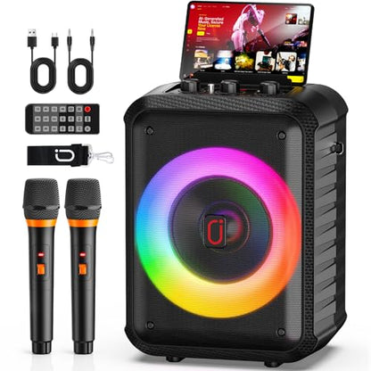 JYX Karaoke Machine, Portable Bluetooth Speaker with 2 Wireless Microphones, RGB Lights, Echo, 40W 5.25" Woofer, Rechargeable, AUX/USB/TF, Mic In, for Adults & Kids, Home Party & Outdoor&Church(Black) - color: Glossy Black