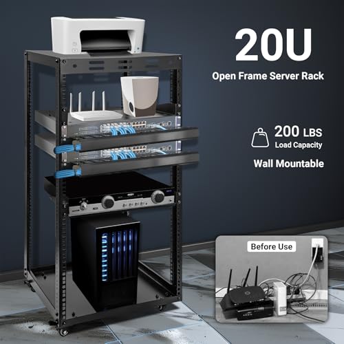 20U Server Rack w/ 2 Racks, Versatile Open Frame IT Rack | Wall-Mount AV Rack w/ Top & Bottom Panels, Hook and Loop Straps for 19" Stereo/Data/IT/Computer Equipment - size: 20U