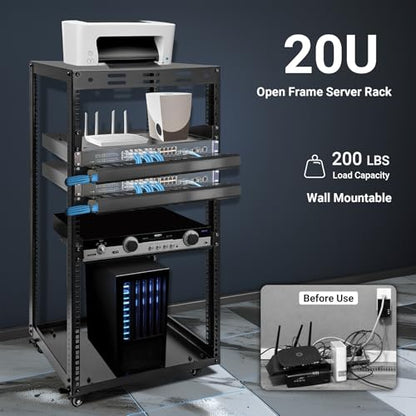 20U Server Rack w/ 2 Racks, Versatile Open Frame IT Rack | Wall-Mount AV Rack w/ Top & Bottom Panels, Hook and Loop Straps for 19" Stereo/Data/IT/Computer Equipment - size: 20U