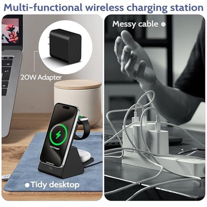 Smtcsl 3-in-1 Wireless Charging Station: Portable 10000mAh Power Bank Charger Compatible for Phone Air/17/16/15/14/13/12 Series and Watch - Detachable Magnetic Charging Stand Black