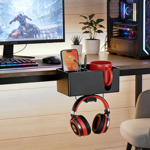 Desk Cup Holder Clamp, Clip On Drink Holder with Rotating Headphone Hanger | 4 in 1 Anti-Spill Desktop Organizer Pen Holder for Mug, Pen, Phone, Gaming Office Desk Accessories - color: Detachable Desk Cup Holder