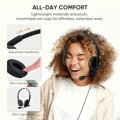 USB Headset with Noise-Canceling Microphone, USB-C/USB-A/3.5mm for PC Mac | 290° Rotating Noise-Canceling Mic, Dual Mute Controls, Lightweight Comfort, and 3-Way Connectivity for Clear Calls