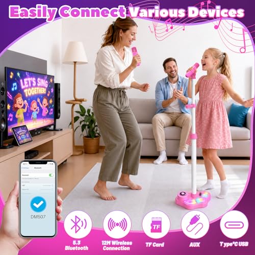 Kids Rechargeable Karaoke Machine Toys with Adjustable Stand, 3-5 4-6 7 8 Year Old GirlsWireless Microphone Gifts, Bluetooth Speaker with 2 Mic Toddler Birthday Gift for Girl Ages 3-8 - color: Pink