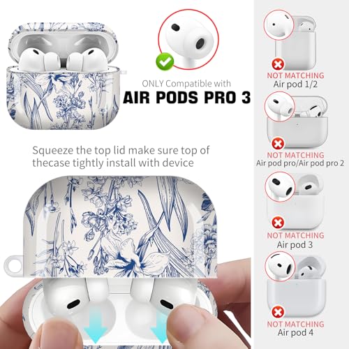 for AirPods Pro 3 Case (2025), Cute Cover Compatible with AirPod Pro 3rd Generation Shell with Rose Gold Keychain Earbuds Case for Women（Blue Flowers and Grass） - color: Blue flowers and grass