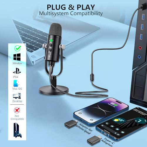 USB Microphone Metal Condenser Mic:Plug&Play Gaming Microphones on PC,Mac,Twitch and YouTube,Recording Microphone Computer PC Mic for Streaming,Podcasting