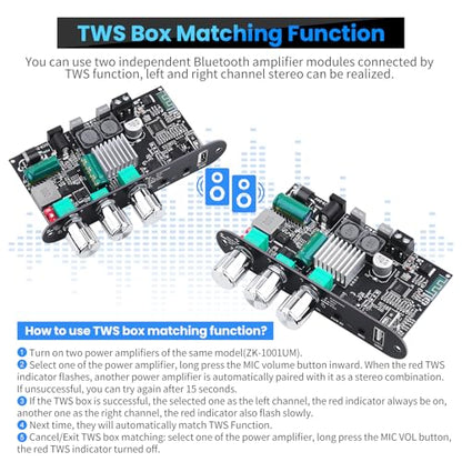 ZK-1001UM Bluetooth 5.3 Amplifier Board, 100W Mono Audio Amp with TWS Box | Mini Boost Circuit Amps for Home Outdoor DIY Speakers, MIC and Reverb, USB/AUX Input,DC 9-24V (2 Pack) - color: Silver 2PCS ZK-1001UM