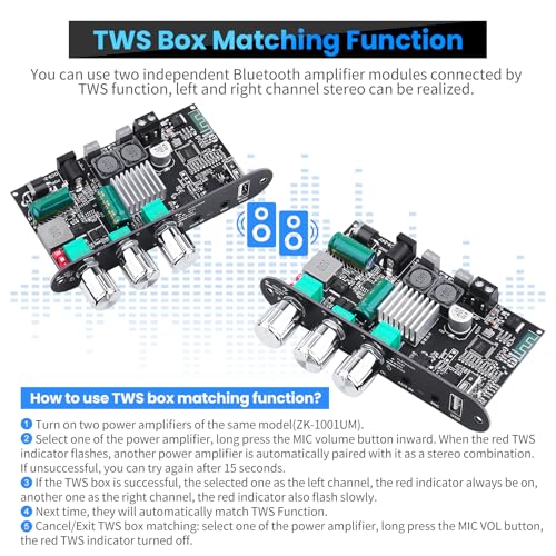 Bluetooth5.3 Mini Amplifier Board 100W Mono Power Amp with TWS Box | Karaoke Audio Amps Module with Boost for Home/Outdoor DIY Speakers, DC 9-24V, MIC and Reverb, Supports BT/USB/AUX Inputs - color: Silver ZK-1001UM