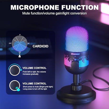 Gaming Microphone, USB Computer Microphone for PC, Mac, PS4/5, Condenser Podcast Mic for Studio Recording, for Streaming Podcast YouTube, with Led Light