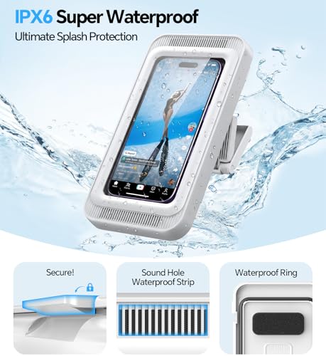 Coolpow Shower Phone Holder Waterproof with Speaker Holes Wall Mount Case | 480° Adjustable, Enhanced Sound Quality Waterproof & Anti-Fog Bathroom Phone Holder Mount Stand, 4"-7" Phones - color: Classic White