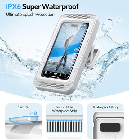 Coolpow Shower Phone Holder Waterproof with Speaker Holes Wall Mount Case | 480° Adjustable, Enhanced Sound Quality Waterproof & Anti-Fog Bathroom Phone Holder Mount Stand, 4"-7" Phones - color: Classic White